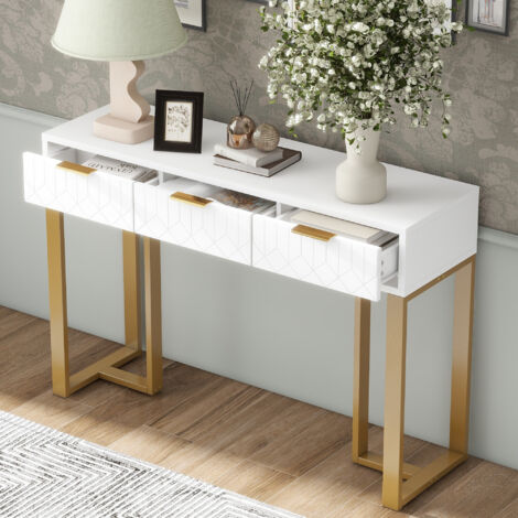 Consolle moderna con 3 cassetti, toletta, 120x36x80cm, bianco + oro