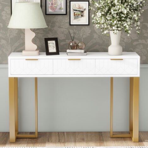 Consolle moderna con 3 cassetti, toletta, 120x36x80cm, bianco + oro