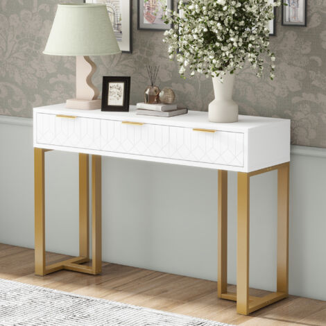 Consolle moderna con 3 cassetti, toletta, 120x36x80cm, bianco + oro