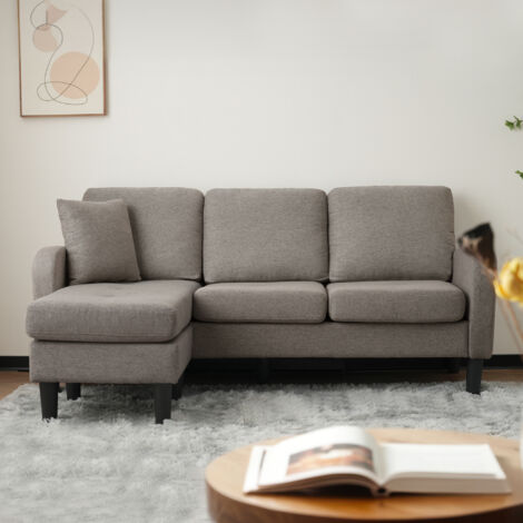 Divano angolare a L - Divano a 3 posti, 185 x 118 x 82 cm, cotone e lino, gambe in plastica, grigio