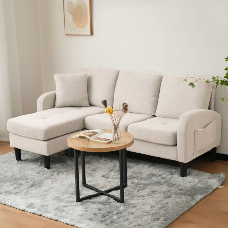 Divano angolare a L - Divano a 3 posti, 185 x 118 x 82 cm, cotone e lino, gambe in plastica, beige