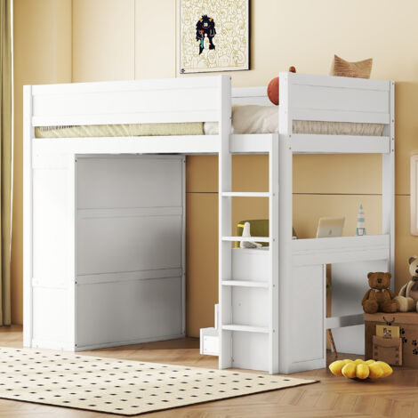 Lettino A Soppalco In Legno Di Pino 90x200 Cm Con Cassetti E Scala - Struttura Letto Bimbi Con Protezione Anticaduta - Bianco - 2