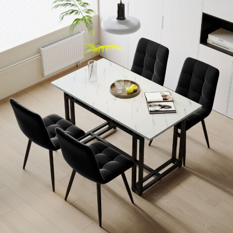 Set tavolo e sedie - 1 tavolo da pranzo + 4 sedie - velluto - gambe in ferro nero, 120 x 70 cm, nero