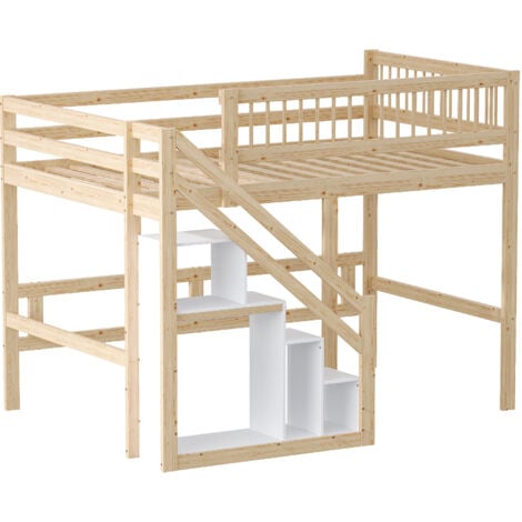 Letto a soppalco per bambini 140x200cm, ripostiglio aperto sulla scala, armadio, letti singolo, senza materasso, naturale