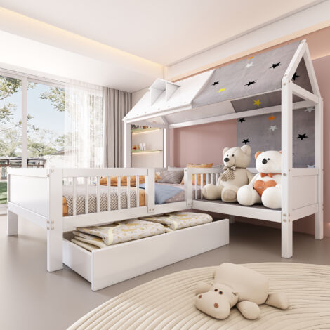Letti a casetta per bambini 90x200cm, letto a soppalco, letto singolo, multifunzionale, senza materasso, bianco