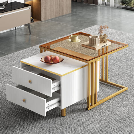 Wyibwy tavolini da salotto Set di 2,Tavolino rotondo con aspetto marmoreo lucido,Tavolino Da Caffè con 2 cassetti,tavolino da caffè combinato a nido, 60x60x46cm+50x50x31cm,Bianco e Nero