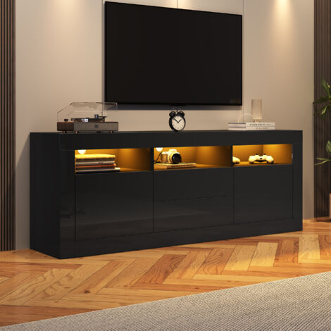 Mobile TV, LED, 3 scomparti aperti, 2 ante, 2 cassetti, controllo APP, 160x35x60cm per TV 70", nero