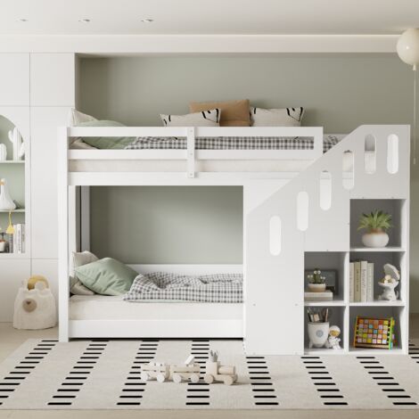 Strutture letto a castello per bambini 90x200 cm, con scaletta e contenitore, anticaduta, senza materasso, legno, bianco (1/5)