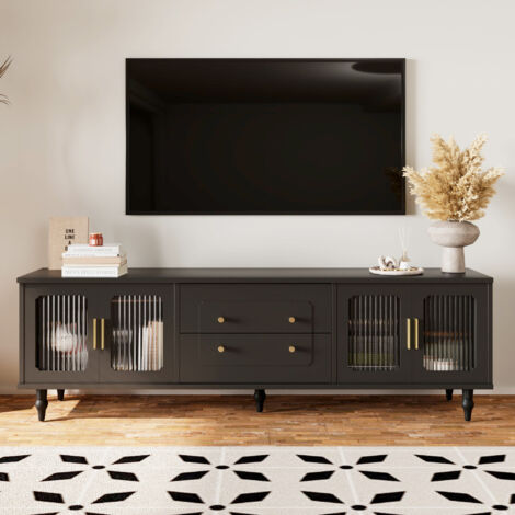 Mobile TV 175x38x55,5cm, 4 ante in vetro, 2 cassetti, gambe in legno, più vani portaoggetti, nero (1/5)