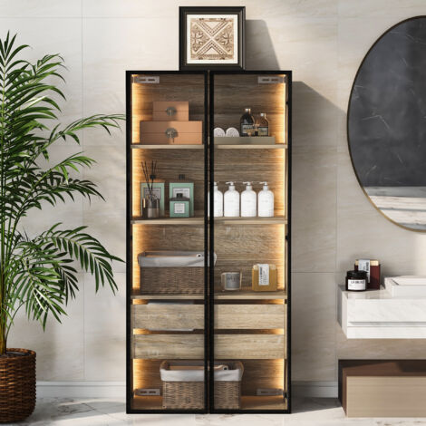 Mobili bagno su piedi con 2 cassetti e 2 ante in vetro, LED integrato, 74 x 36 x 155 cm, naturale (1/5)