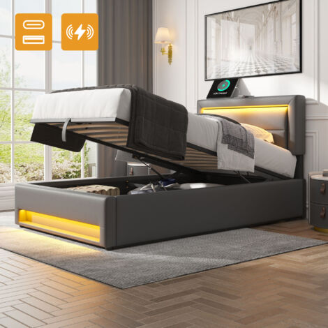 Letti contenitori 90 x 190 cm, letto imbottito per adulti, LED, con porta USB (wireless e cablata), PU, senza materasso, grigio (1/5)