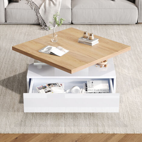 Tavolini da salotto 70x70x36cm, rotazione a 360°, tavolo girevole quadrato e mobiletto portaoggetti, truciolato, soggiorno, bianco (1/5)