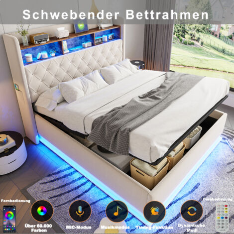 Letto contenitore 180x200 cm, letto matrimoniale imbottito per adulti, LED + porta di ricarica USB, lino, senza materasso, beige