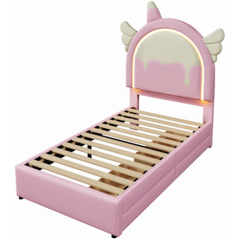 Letto Bambini 90x200 Cm Con Testata Corona E Luci LED | Scivolo E Scaletta Laterali Rimovibili | Bordi Morbidi In PU | Struttura Imbottita In Rosa (Senza Materasso)