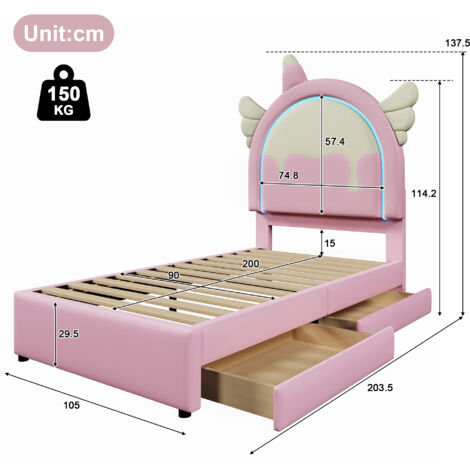 Letto Singolo 90x200 Cm Con Luci LED E 2 Cassetti – Tessuto Lino, Rosa – Struttura Imbottita