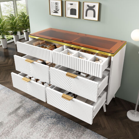 Cassettiera / credenza con vetro ambra, 6 cassetti, soggiorno moderno, camera da letto, 120x40x76cm, bianco (1/5)