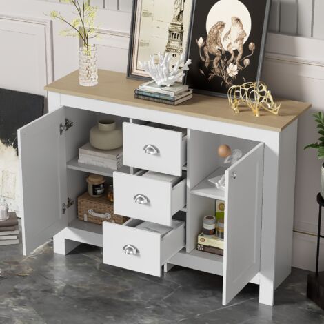 Keyluv Armadietto Buffet Bianco 130x39x80 Cm - Credenza Con 3 Cassetti E 3 Ante, Ripiani Regolabili, Maniglie Oro