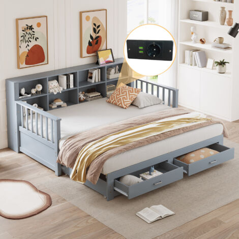 Divano letto trasformabile 90/180x190 cm, letto per bambini in legno, con 2 cassetti, ripiani aperti, senza materasso, grigio