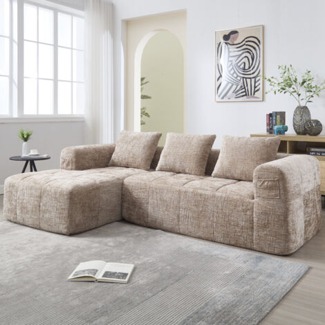 Divano angolare a 3 posti 250 × 158 × 60 cm, combinazione libera, 3 cuscini, tessuto ciniglia, mobile soggiorno, marrone