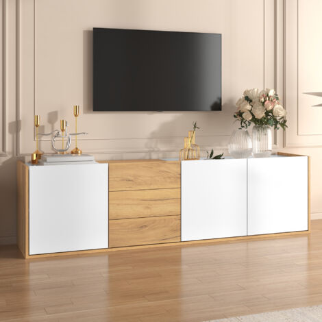 Mobile TV LED con contenitore, 3 ante 3 cassetti, mobile soggiorno, MDF, 171×35×47cm, bianco