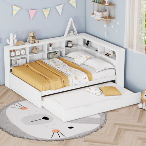 Divano letto trasformabile 140×200/90×190 cm, con contenitore, porta USB, letto per bambini, senza materasso, pino, bianco
