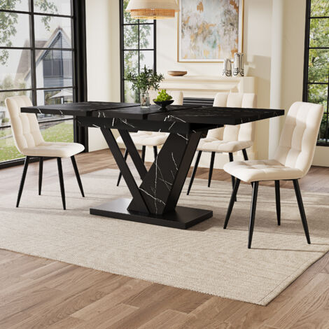 Tavolo da pranzo rettangolare allungabile nero, tavolo da soggiorno per cucina, impiallacciato in marmo, MDF, 120/160×75×75cm