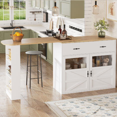 Credenza con tavolo da bar estensibile, 1 cassetto, 2 ante, MDF, 138/204 × 39 × 104 cm, bianco