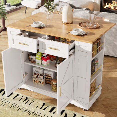 Carrello da cucina su ruote, credenza, mobile contenitore, 2 ante e 2 cassetti, MDF, 120 x 40/65 x 90 cm, bianco