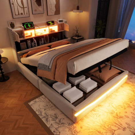 Letto contenitore per adulti 140x200cm con LED, testiera contenitore, rete a doghe imbottita, senza materasso, lino, beige (1/5)