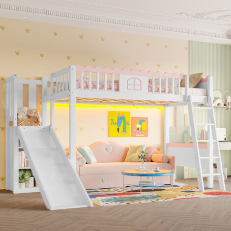 Letto a soppalco per bambini in legno 90x200cm con LED, senza materasso, bianco+rosa, 2 ripiani+1 scivolo