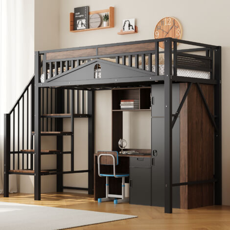 Letto a soppalco in metallo per bambini 90x200cm con scaletta, rete a doghe, protezione anticaduta, senza materasso, nero