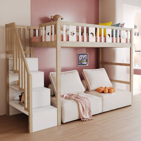 Letto a soppalco in legno 90×200cm, letto per bambini con scaletta contenitore, motivo a stelle e luna, senza materasso, naturale