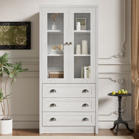 Credenza Con Vetrina E 2 Cassetti En.casa – Mobile In Acciaio Bianco Crema, Ante In Vetro Scalanato, Maniglie Dorate, 97x80x40 Cm
