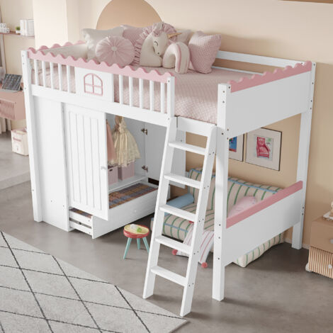 Letto a soppalco per bambini in legno 90x200cm con LED, senza materasso, bianco+rosa, 1 armadio+1 cassetto
