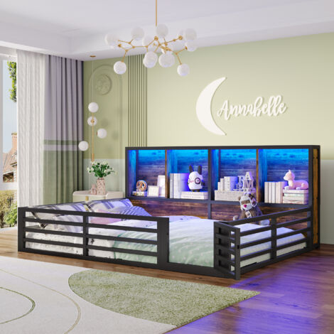 Letto bambini 140×200cm con LED, 4 vani portaoggetti, sponda di sicurezza, senza materasso, metallo, nero+marrone
