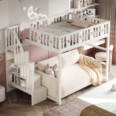 Letto a soppalco in legno 140×200cm, letto per bambini con scaletta contenitore, motivo a stelle e luna, senza materasso, bianco
