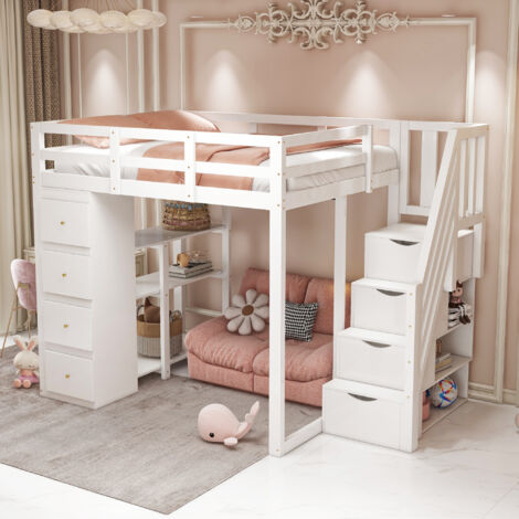 Letto a soppalco per adulti e bambini 140×200cm con 4 cassetti e 3 ripiani, scaletta portaoggetti, senza materasso, anticaduta, bianco