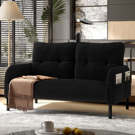 Divano dritto, mobile da soggiorno, 2 posti, 2 tasche portaoggetti, velluto a coste, 120×75×79cm, nero