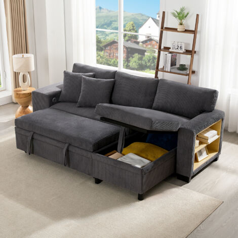 Divano letto angolare a 3 posti con cuscini, divano a L per soggiorno con contenitore + porta USB, velluto a coste, grigio