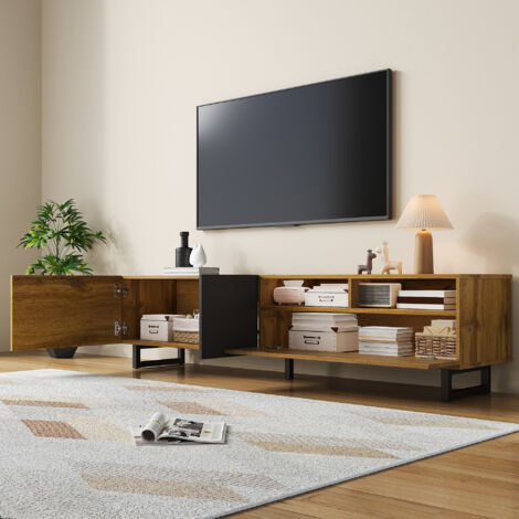 Mobile TV a 3 ante con vano portaoggetti aperto, gambe in metallo a U, mobile TV in legno, 170×36×42cm, naturale (1/5)