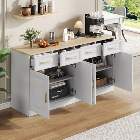 Credenza bianca da cucina, 4 ante, 4 cassetti, ripiani regolabili, con maniglie dorate, mobile contenitore per soggiorno, 140×40×75cm