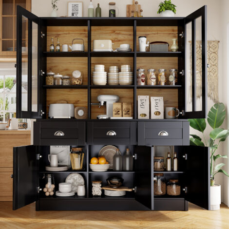 Credenza da cucina, vetrina da soggiorno, 5 ante, 3 cassetti, pensile, 140×40×175cm, MDF, con dispositivo antiribaltamento, nero
