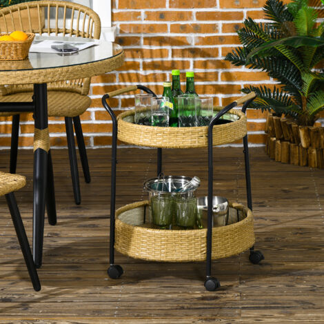 Carrello da giardino su ruote, in rattan intrecciato, con 2 ripiani, struttura in metallo - impermeabile, sala da pranzo/cucina, naturale