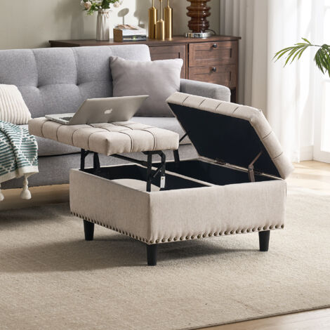 Sgabello regolabile in altezza con contenitore, adatto per soggiorno e camera da letto, 75×75×41cm, lino, beige