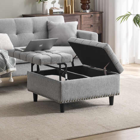 Sgabello regolabile in altezza con contenitore, adatto per soggiorno e camera da letto, 75×75×41cm, lino, ​​grigio
