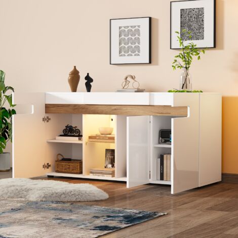Credenza da cucina con illuminazione a LED, 3 ante, finitura lucida, mobile contenitore per soggiorno, 140×40×70cm, bianco+naturale