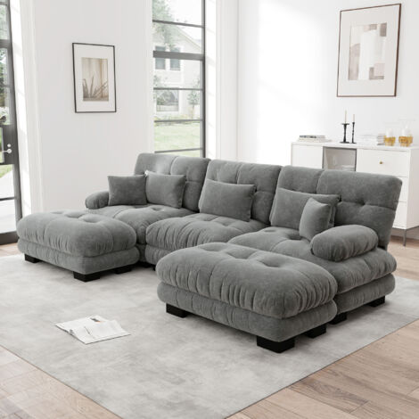 Divano angolare a 3 posti con 5 cuscini, divano a U, tessuto ciniglia, imbottitura in schiuma, mobile per soggiorno, 313×145×81cm, grigio