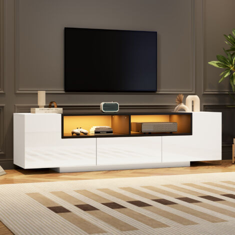 Mobile TV LED bianco con contenitore, 2 ante e 1 cassetto, mobile TV lucido adatto per 75 pollici, 180×40×48 cm, bianco