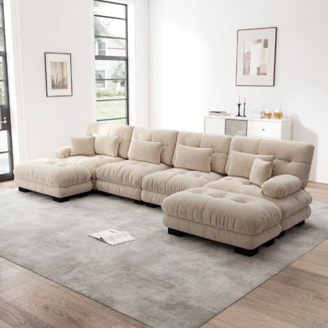 Divano angolare a 4 posti con 6 cuscini, divano a U, tessuto ciniglia, imbottitura in schiuma, mobile per soggiorno, 406 × 145 × 81 cm, beige scuro