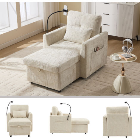 Divano relax con contenitore, 1 cuscino, 2 tasche laterali, con porta telefono, soggiorno/camera da letto, tessuto ciniglia, beige